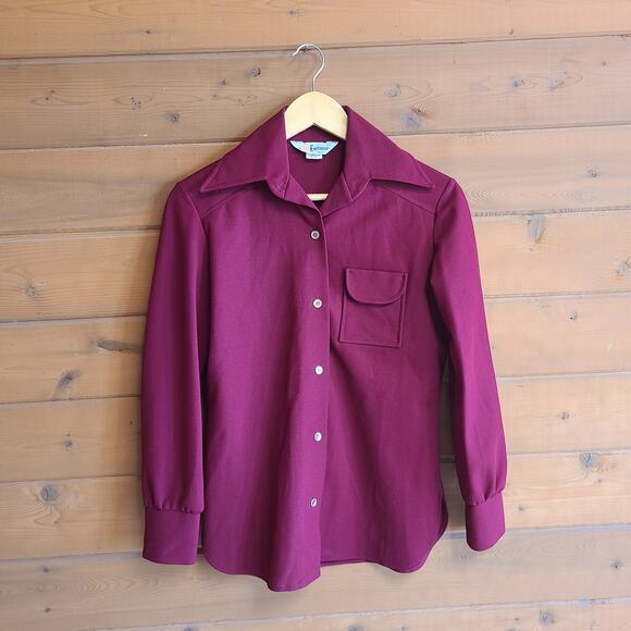 Vintage Tops - Vintage 70's Blouse Burgundy Button Down Dagger 8 Long Sleeve Western Top Shirt
